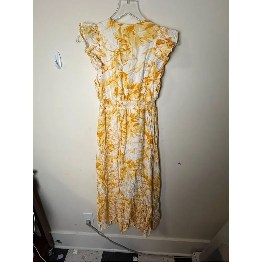 Express Flutter Ruffle Sleeve Tie Front Linen Blend Midi Dress Boho Cottagecore